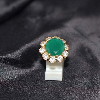 6 Carat Gold Plated Green Onyx Floral Halo Ring