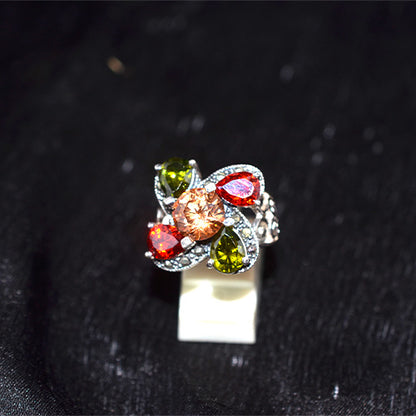 925 Sterling Silver Turkish Multi-Gemstone and Marcasite Clover Ring with Filigree Shank
