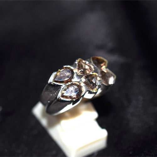 925 Sterling Silver Smoky Quartz Pear Cut Leaf Cluster Ring