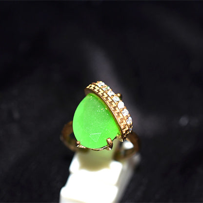 6 Carat Gold Plated Turkish Green Onyx Pear Motif Ring