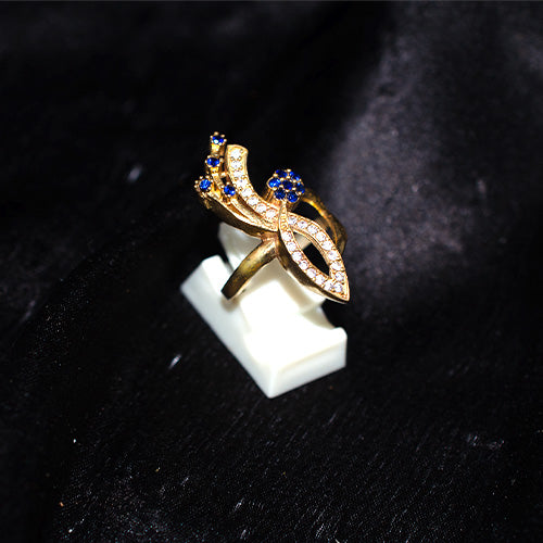 6 Carat Gold Plated Turkish Blue Cubic Zirconia Leaf Motif Ring
