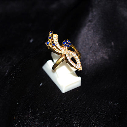 6 Carat Gold Plated Turkish Blue Cubic Zirconia Leaf Motif Ring