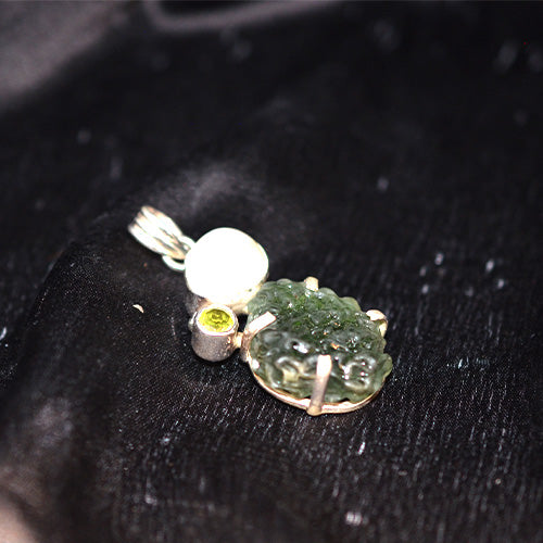 925 Sterling Silver Raw Green Moldavite Multi-Stone Pendant