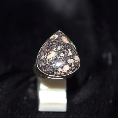 925 Sterling Silver Teardrop Dark Fossil Coral Ring