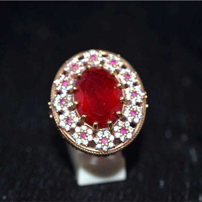 6 Carat Gold Plated Turkish Oval Ruby Double Halo Statement Ring