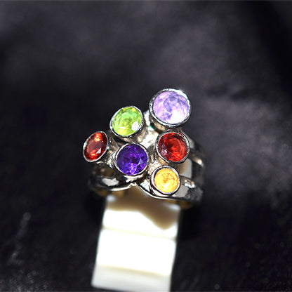 925 Sterling Silver Multi Gemstone Tiered Cluster Ring