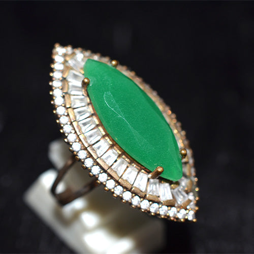 6 Carat Gold Plated Turkish Marquise Green Agate Ballerina Halo Ring