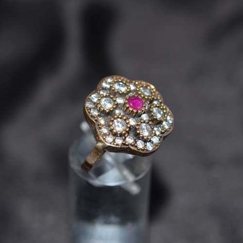 6 Carat Gold Plated Ruby and White Floral Cluster Ring