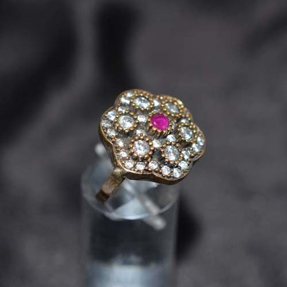 6 Carat Gold Plated Ruby and White Floral Cluster Ring