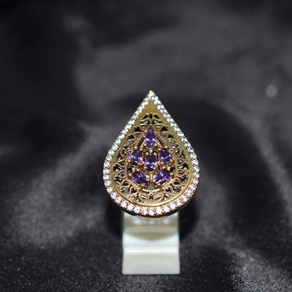 6 Carat Gold Plated Amethyst Filigree Teardrop Ring