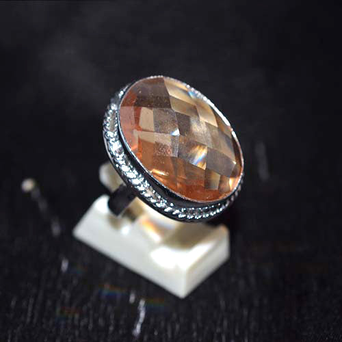 925 Sterling Silver Oval Imperial Topaz Granulated Halo Ring