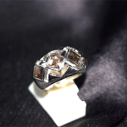 925 Sterling Silver Smoky Quartz Openwork Diamond Pattern Ring
