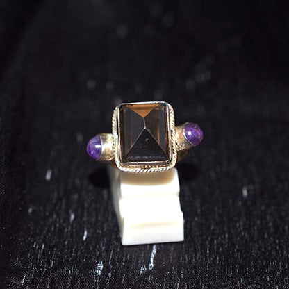 925 Sterling Silver Smoky Quartz and Amethyst Three-Stone Ring