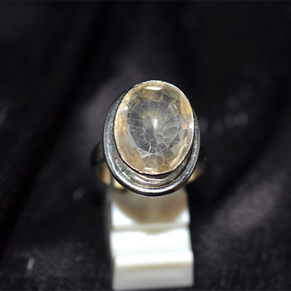 925 Sterling Silver Oval Faceted Lemon Quartz Turkish Ring with Double Bezel