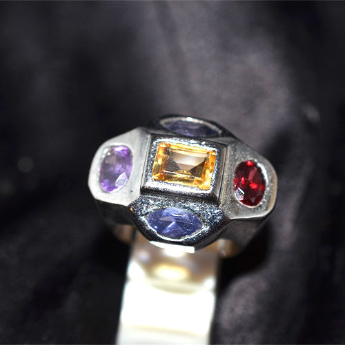 925 Sterling Silver Geometric Multi Gemstone Signet Ring