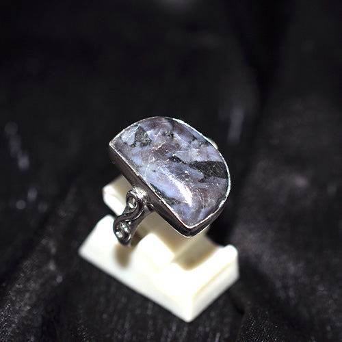 925 Sterling Silver Larvikite Shield Cut Ring with Scroll Detail