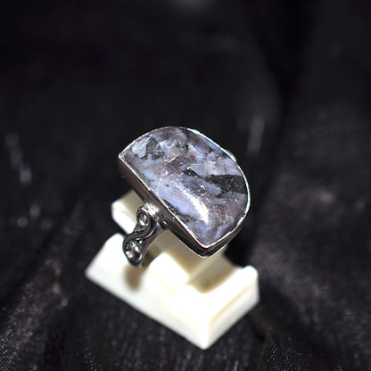 925 Sterling Silver Larvikite Shield Cut Ring with Scroll Detail