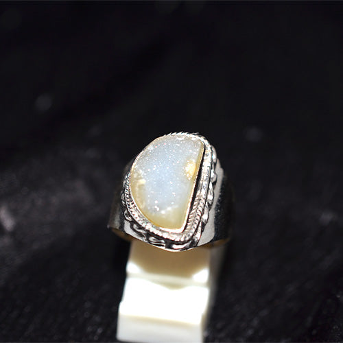 925 Sterling Silver Turkish Druzy Quartz Freeform Rope Ring