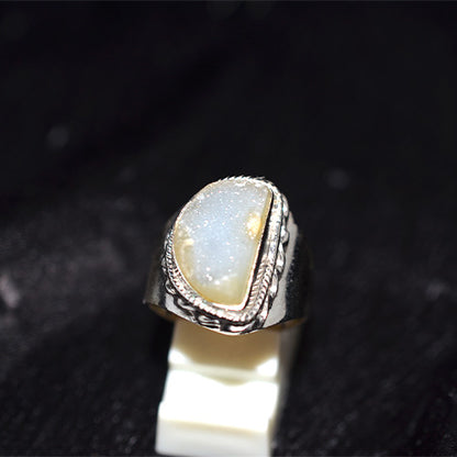925 Sterling Silver Turkish Druzy Quartz Freeform Rope Ring