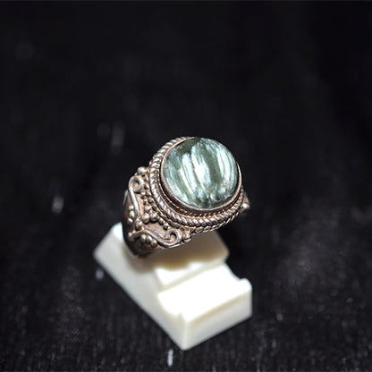 925 Sterling Silver Seraphinite Round Ring with Ornate Rope Setting