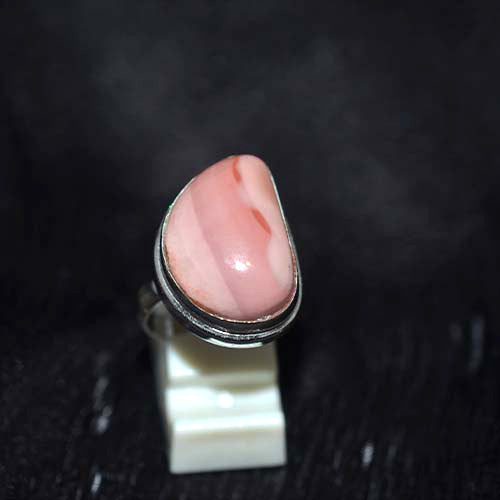 925 Sterling Silver Banded Pink Opal Rounded Teardrop Ring