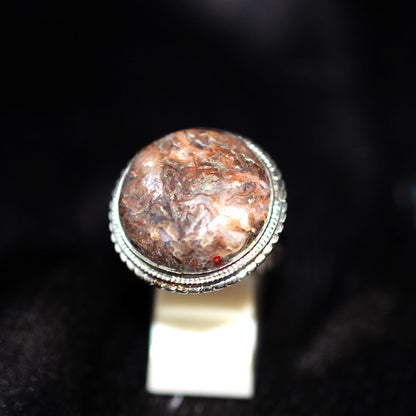 925 Sterling Silver Round Brecciated Jasper Ring with Beaded Setting