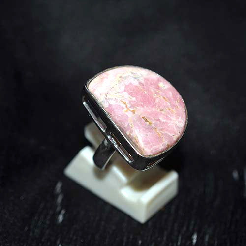 925 Sterling Silver Rhodochrosite Half Moon Pattern Ring