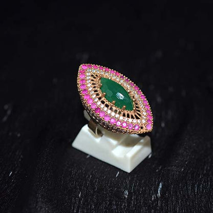 6 Carat Gold Plated Green and Pink Gemstone Marquise Halo Ring