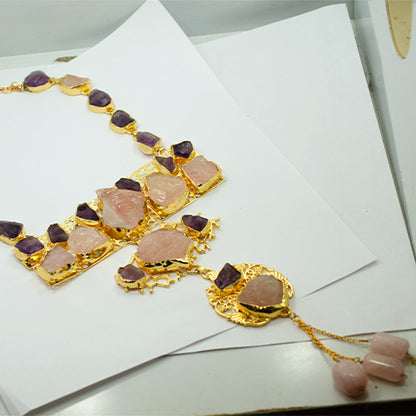6 Carat Gold Plated Amethyst and Rose Quartz Layered Necklace
