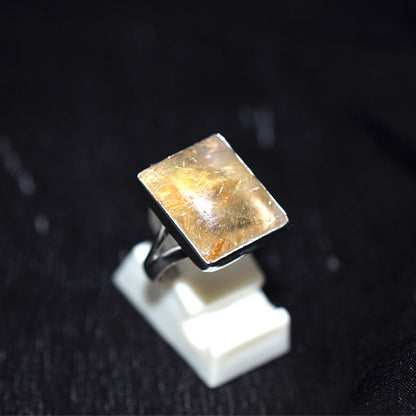 925 Sterling Silver Square Golden Rutilated Quartz Ring