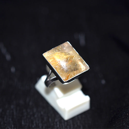 925 Sterling Silver Square Golden Rutilated Quartz Ring