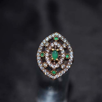 6 Carat Gold Plated Green and White Marquise Statement Ring
