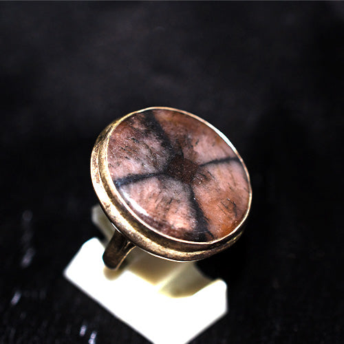 925 Sterling Silver Round Chiastolite Cross Stone Ring