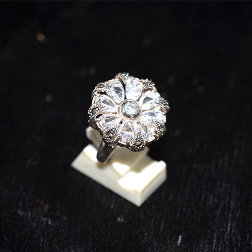 925 Sterling Silver Turkish Crystal and Marcasite Petal Flower Ring