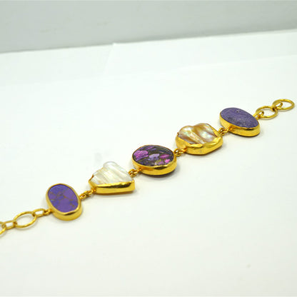 6 Carat Gold Plated Purple Gemstone and Pearl Link Bracelet
