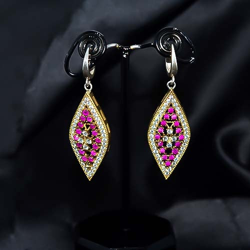 6 Carat Gold Plated Turkish Marquise Pink Zircon Dangle Earrings