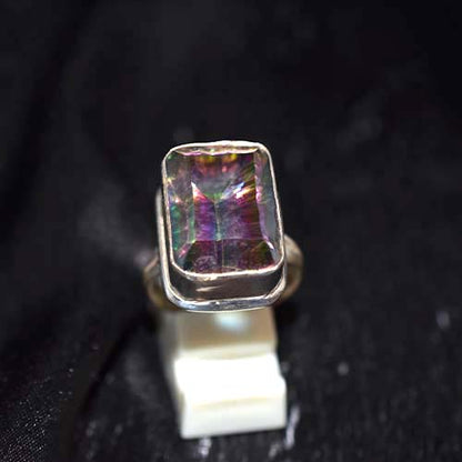 925 Sterling Silver Emerald-Cut Mystic Topaz Wide Bezel Ring