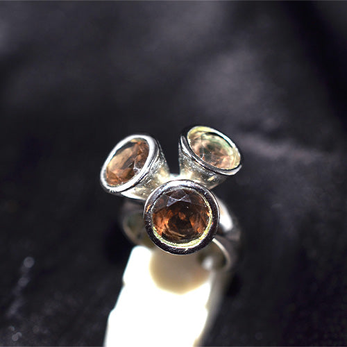 925 Sterling Silver Smoky Quartz Trinity Cluster Ring