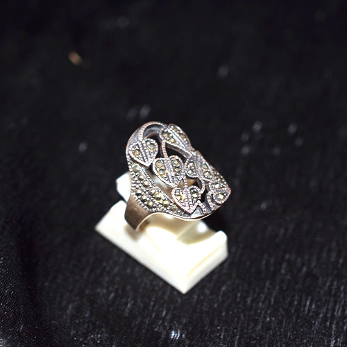925 Sterling Silver Turkish Marcasite Filigree Heart Motif Shield Ring