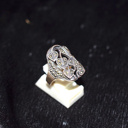 925 Sterling Silver Turkish Marcasite Filigree Heart Motif Shield Ring