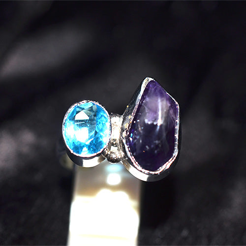 925 Sterling Silver Dual Stone Amethyst Blue Topaz Ring