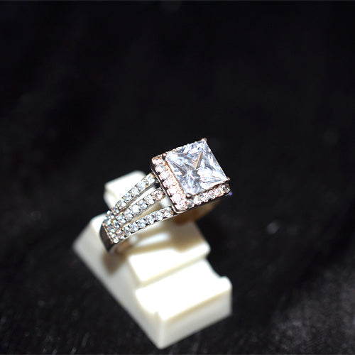 925 Sterling Silver Turkish White CZ Princess Halo Ring