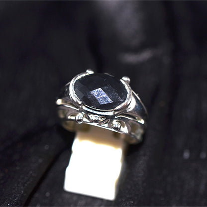 925 Sterling Silver Oval Black Onyx Beaded Accent Ring