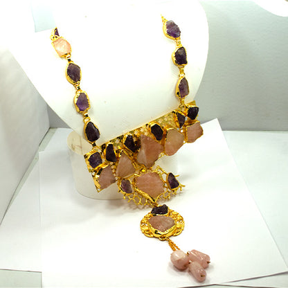6 Carat Gold Plated Amethyst and Rose Quartz Layered Necklace