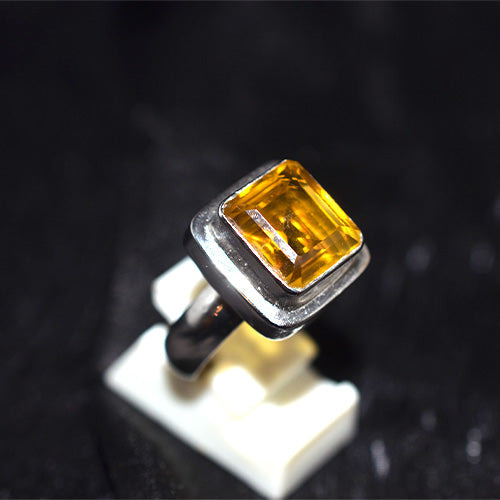 925 Sterling Silver Square Cut Citrine Stepped Bezel Ring