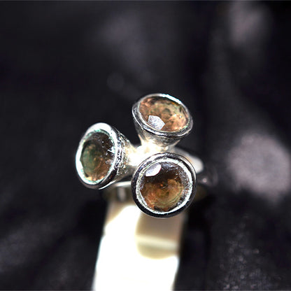925 Sterling Silver Smoky Quartz Three Stone Tripod Ring