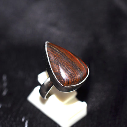 925 Sterling Silver Banded Tiger Iron Teardrop Ring