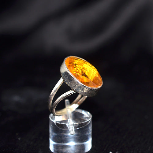 925 Sterling Silver Oval Amber Faceted Ring
