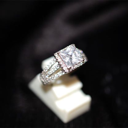 925 Sterling Silver Square Halo Cubic Zirconia Split Shank Ring