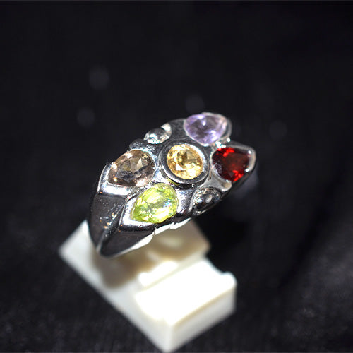 925 Sterling Silver Asymmetrical Multi Gemstone Cluster Ring
